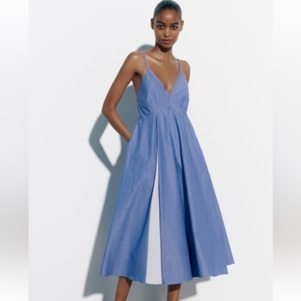 Zara NWT striped poplin midi dress blue